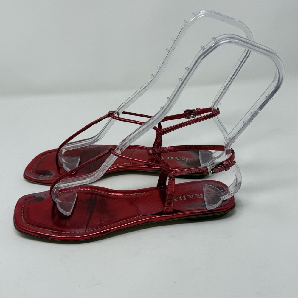 Prada Capretto Thong Leather Sandals Metallic Pinkish Red Size 7.5 (EU 38) - Picture 2 of 13